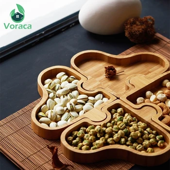 

Creative 4 Grids Jigsaw Wooden Snack Plate Hand Polished Solid Wood Candy Dried Fruit Snacks Nut Desserts Decor Tray Tabletop