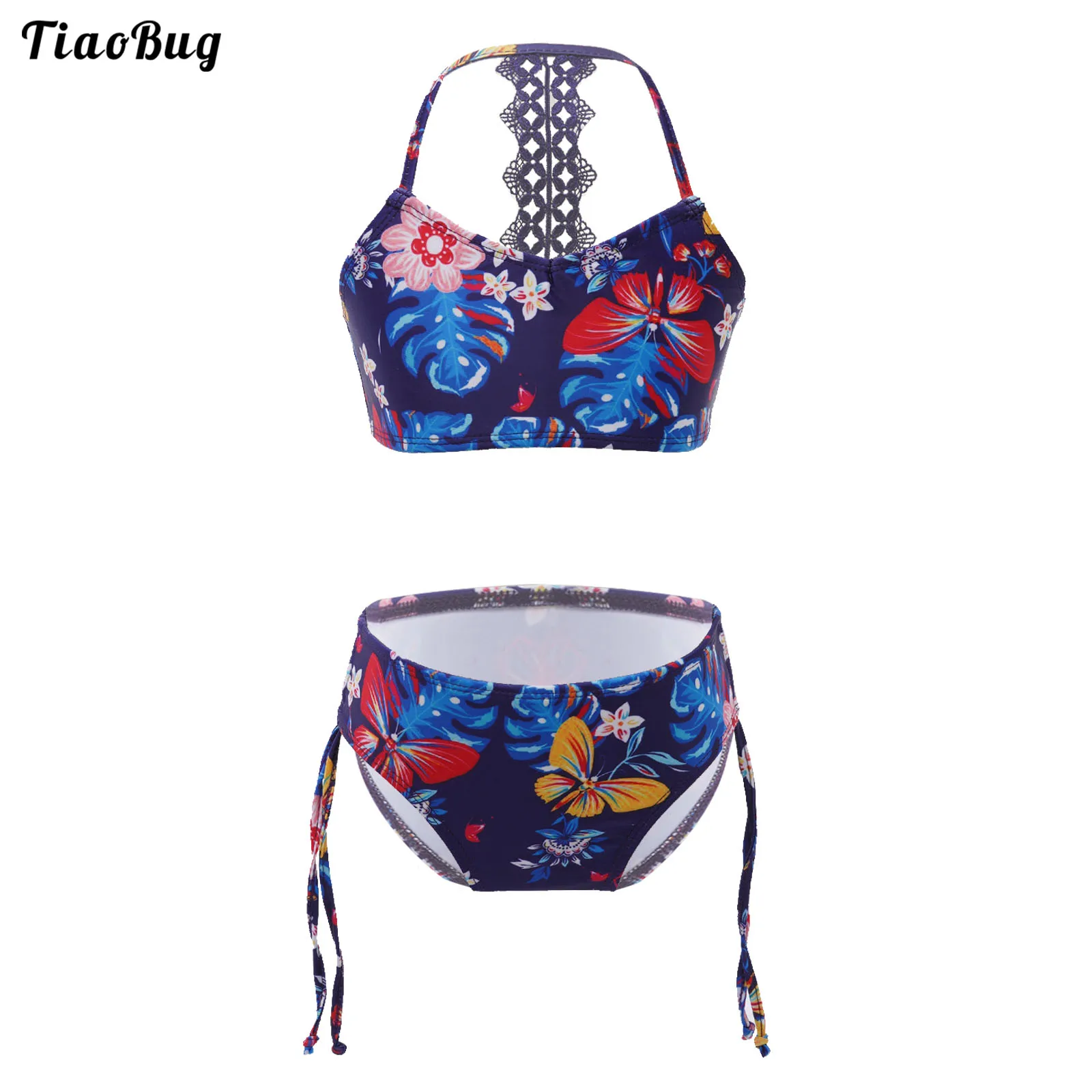 

TiaoBug Fashion Summer 2Pcs Kids Girls Floral Printed Bikini Set Sleeveless Top Swim Trunks With Adjustable Strap Swimsuit