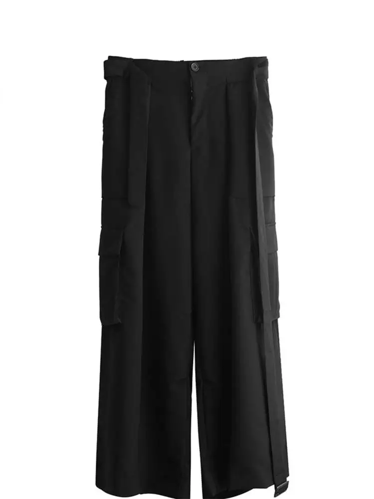 Men's pants Autumn winter belt loose bell-bottom cargo pants culottes for men casual pants large size black youth Yamamoto style