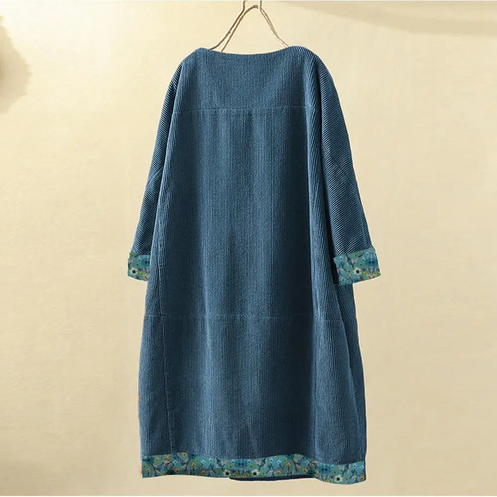 Najtaniej 2020 jesienne zimowe sukienki damskie Vintage sztruks etniczny nadruk patchworkowy z długim rękawem kieszenie luźna sukienka Plus rozmiar 5XL