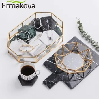 

ERMAKOVA Gold Glass Storage Trays Nordic Makeup Organizer Sundries Serving Tray Dessert Plate Metal Decorative Tray Kitchen Deco