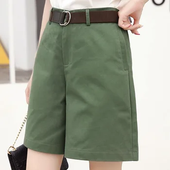 

Summer Women Wide Leg Long Shorts Half Length High Wasit Green Shorts Korean Girls High Street Loose Straight Five Points Shorts