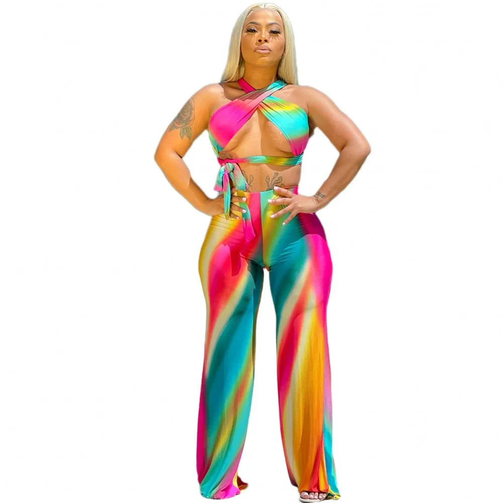 2 Piece Suit African Dashiki New Fashion Big Size Women Sexy Fashion Loose Gradual Change Suit Vest Straight Pants Suit Summer