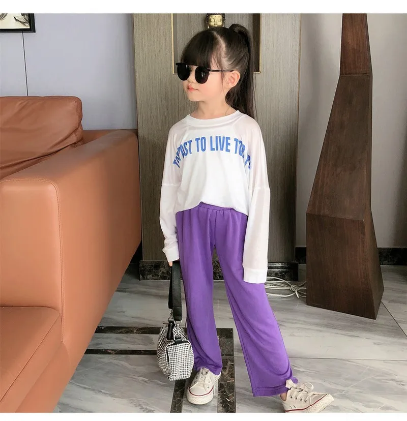 Parent-child suits age thinner loose long-sleeved T-shirt purple sun protection + sports wide-leg pants two-piece western style