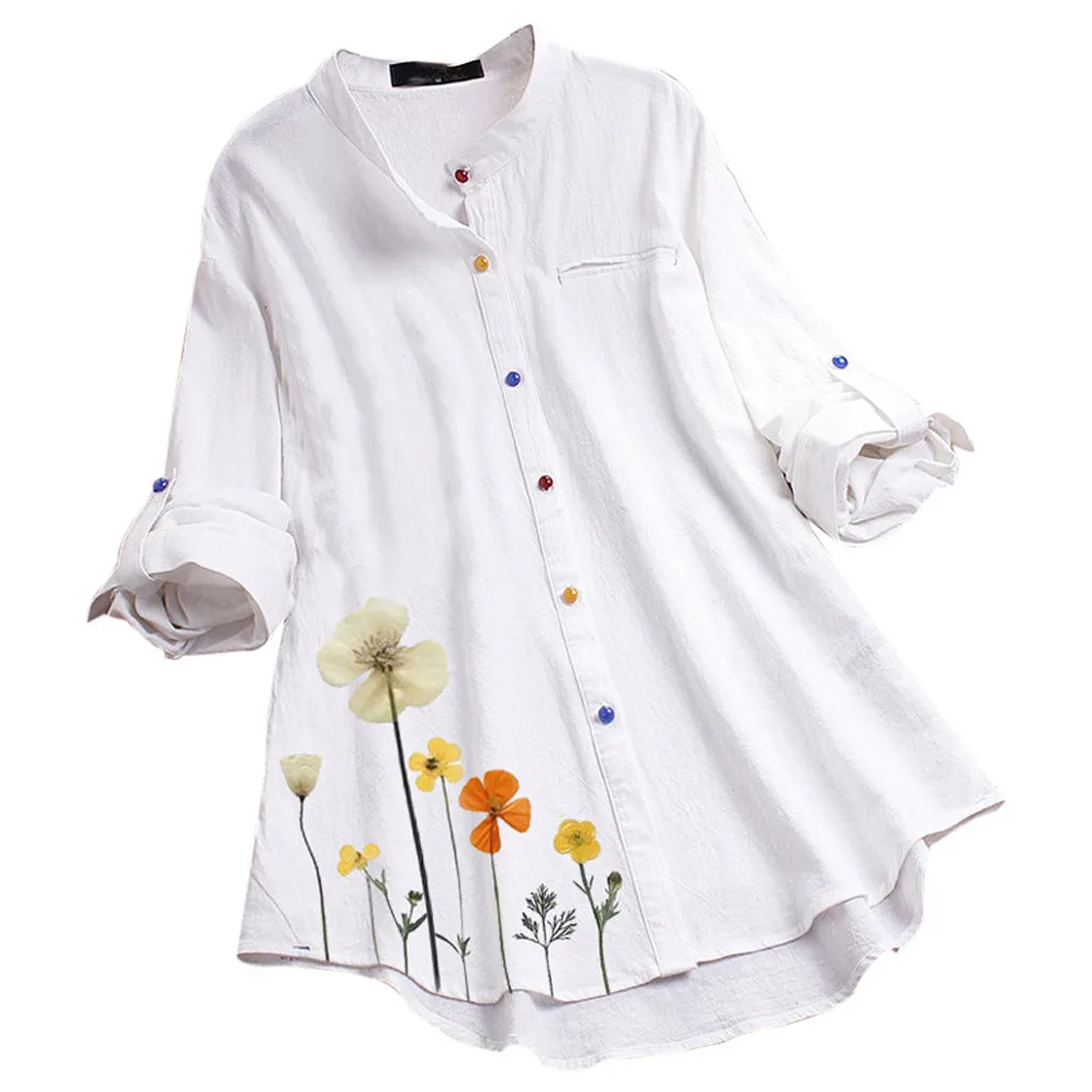 Women Blouse Vintage Casual Flower Print Colorful Button Long Sleeve Shirt Top Women Tops And Blouses White Blouse Plus Size