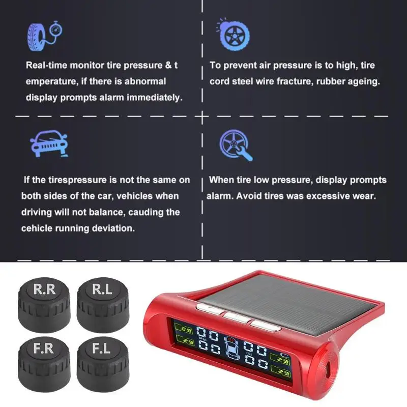Беспроводной ЖК-дисплей автомобиля TPMS солнечной энергии авто шин давление мониторинга TPMS сигнализация с 4 внутренними/внешними датчиками красный