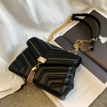 

Fashion Rivets Square Crossbody Bag 2019 New Quality PU Leather Women's Designer Handbag Tassel Chain Shoulder Messenger Bag