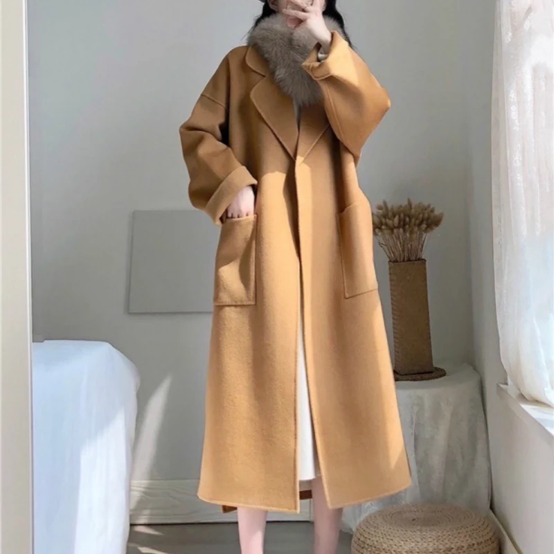 

Handmade Women Vintage Winter 95% Cashmere Long Coat Jackets Wool Overcoat Sashes Warm Cardigan Outwear Loose Cloak with Pockets