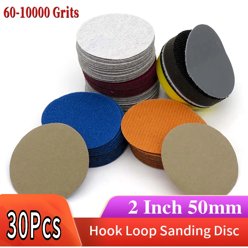 30PCS 2 Inch Waterproof Sandpaper Set Hook and Loop Silicon Carbide 60 to 10000 Grits for Wet or Dry Sanding