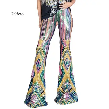 

Women Colorful Sequin Glitter Flare Pants Sequin Trousers for Female Party Dance High Waist Bell Bottom Long Pants