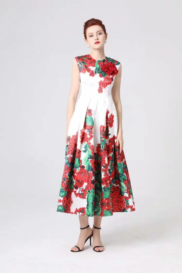 

Summer Designer Dresses Women's High Quality Sleeveless Flower Printed Appliques Ankle Length Holiday Robe Femme Ete