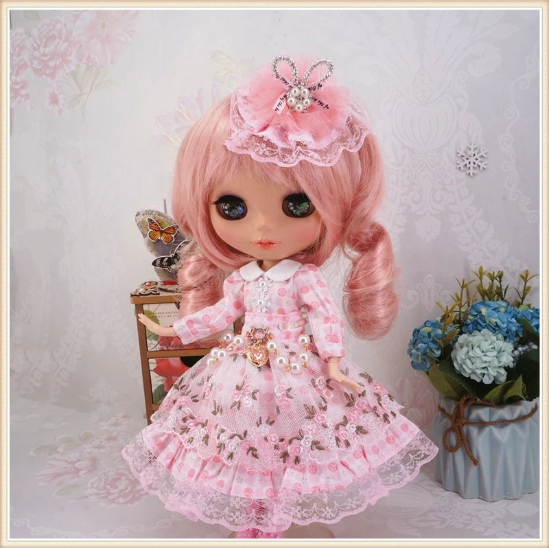 Одежда для 1/6 blyth doll, розовое кружевное платье с цветочным принтом, подходит для Pullip, Licca, Azone 1/6, аксессуары для кукольной одежды