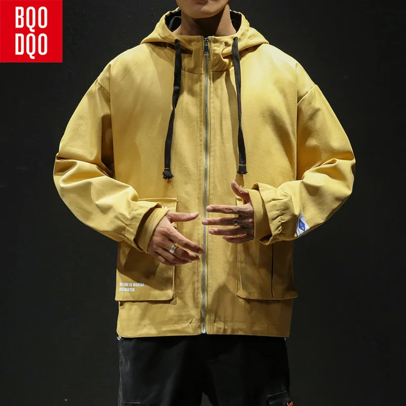 

Yellow Fashion Cotton Military Streetwear Jacket Men Black Letter Print Zipper Coat Male Winter Hooded Polit Mens Bomber Jackets