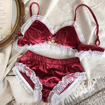 

Sexy Lace Luxury Bra and Panty Set Wriufred Vintage Velvet Bra Sets Mesh Underwear No-rim Triangle Cup Underwear Set Large Size