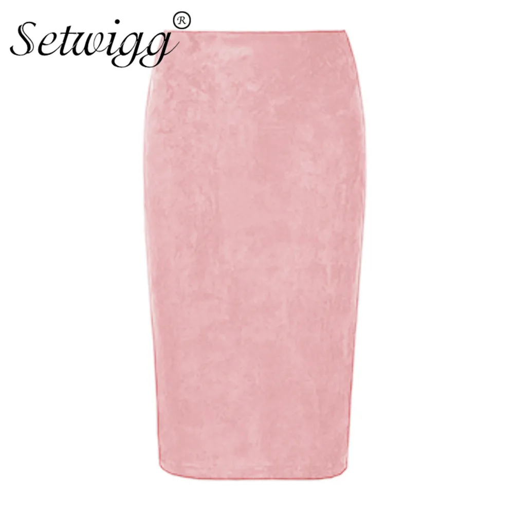 

SETWIGG Winter Suede Midi Pencil Skirts High Waist Zipper Back Split Stretch Sheath Velvet Knee Length OL Skirts 10 Color