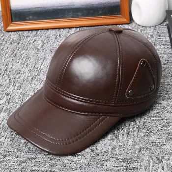 

100% Genuine Leather Baseball cap man fall and winter warm earmuffs cowhide cap outdoor sun hat leather hat