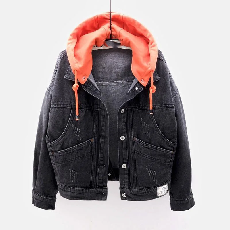 Women Denim Short Jacket Female Oversize Outerwear Loose BF Hooded Jeans Coat Big Pocket Tops 2021 Spring Autumn Casual 85 | Женская
