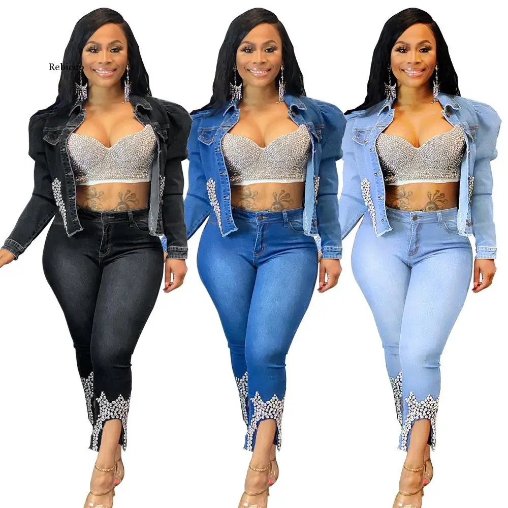 

Women Fashion Hot Rhinestones Denim Coat Turn-Down Collar Long Sleeve Slim Fashion Jackets