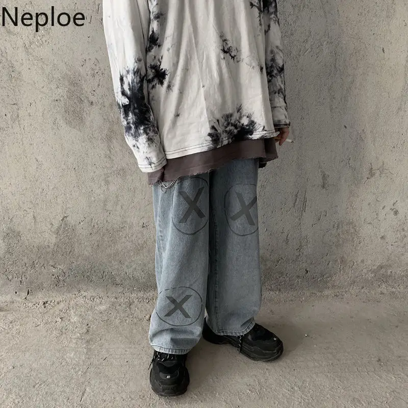 Noploe, корейские ретро уличные джинсы в стиле хип-хоп, весна-осень, с принтом, унисекс, прямые штаны, для мужчин и женщин, граффити, джинсовые штаны 80206