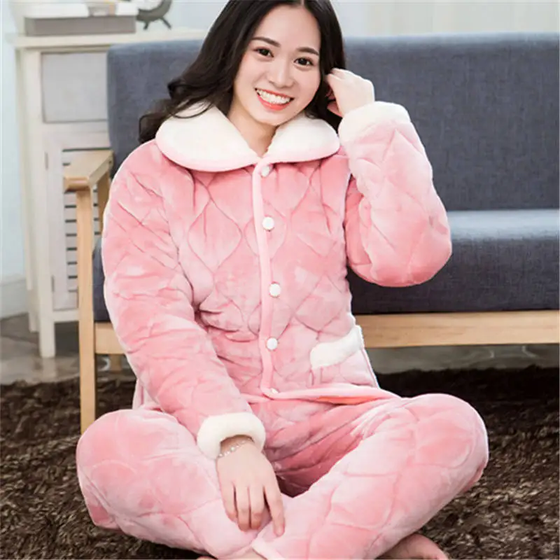 2 Piece/lot Winter Women Pajamas set Sweet Thick Flannel  Long Homewear Sleep Lounge Velvet Pajama Female Pyjama best pajamas for women