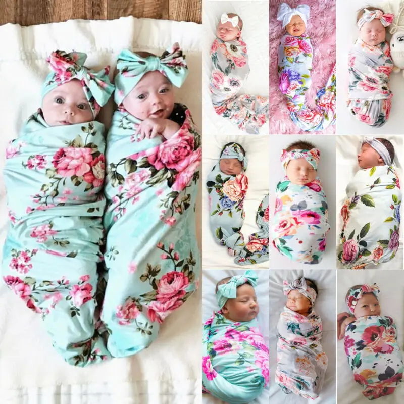 

2PCS Soft Baby Floral Swaddle Muslin Blanket Newborn Zipper Wrap Swaddling Blanket Cocoon Sleeping Bag Headband