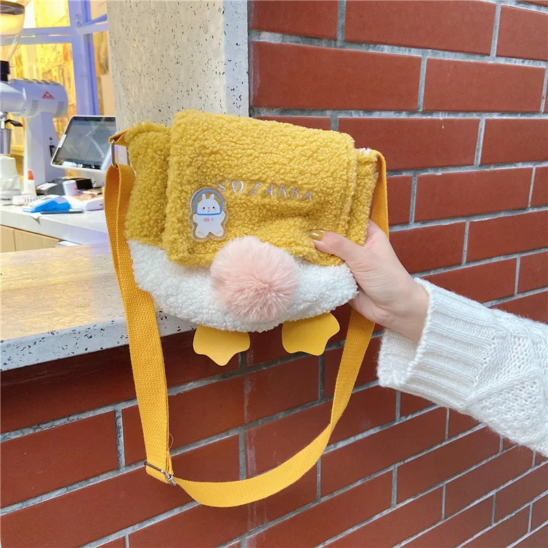 

Soft Plush Cartoon Duck Shoulder Bag for Grils Artificial Lamb Wool Female Messenger Bags Simple Elegant Student Girls Handbags