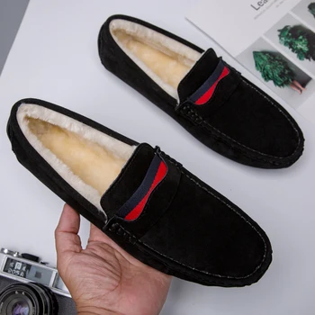 

Winter Men Loafers Plush Luxury Brand Office Shoes Warm Slip On Flats Mens Moccasins Leather Casual Driving Shoes Male Sneakers