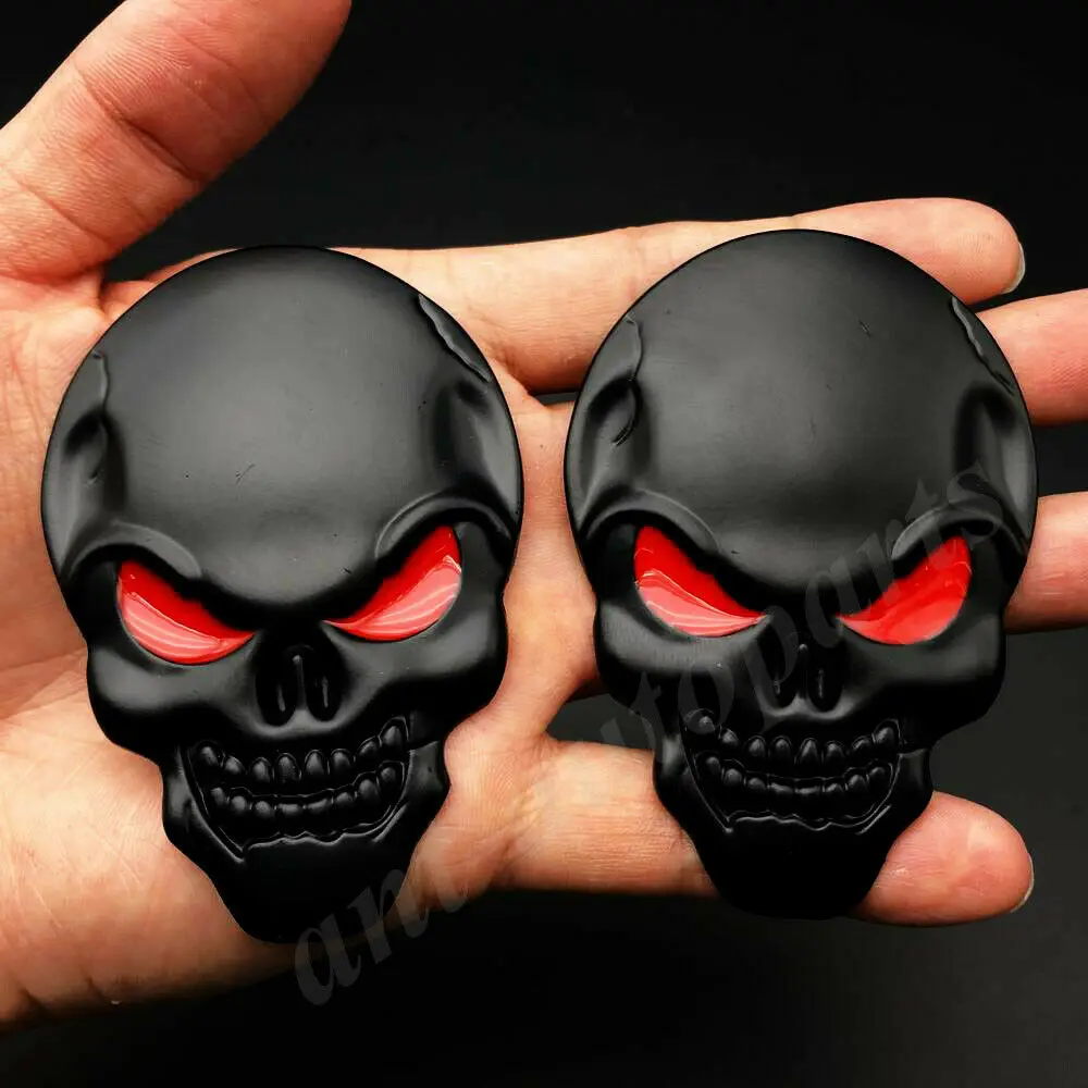 

2x 3D Big Black Metal Skull Skeleton Evil Bone Car Emblem Badge Decal Sticker