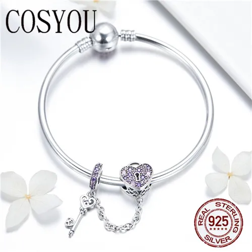 Koop COSYOU Echt 925 Sterling Zilveren Liefde Sleutel Hart Vorm Armbanden Armbanden voor Vrouwen Paars Zirkoon Valentine Gift Sieraden SCB820