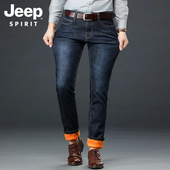 

JEEP SPIRIT Jeans Men Winter Jeans Pants Men Fleece Thick Warm Denim Jeans Hombre Straight Cotton Smart Casual Mens jeans Brand