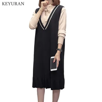 

Women's Autumn Winter Tweed Dress Suit V-Neck Sleeveless Knitted Ruffles Vest Dresses + Pullovers Sweater Elegant Two Piece Set