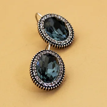 

MOONROCY Ancient Silver Color Earrings Blue Crystal Geometry for Women Girls Gift Dropshipping Oval Vintage Jewelry Wholesale