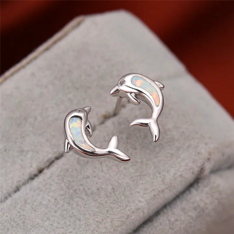 Blue White Opal Cute Dolphin Earrings For Women White Gold Fire Stone Stud Earrings Animal Jewelry Female Wedding Birthday Gifts Stud Earrings Aliexpress