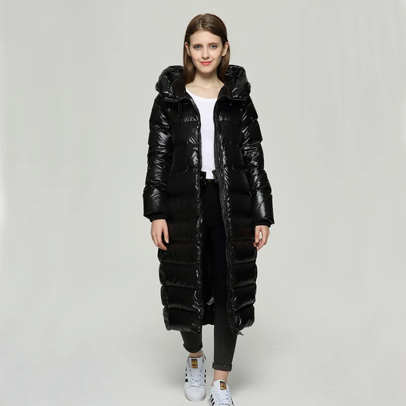 Fitaylor Winter Hooded Patent Leather Long Jacket