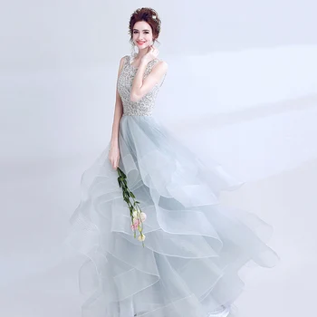 

Youth Sliver Prom Dresses New Arrival Lace Applique Tiered Ruffles Sleeveless Backless Customize Evening Party Gowns zd2022