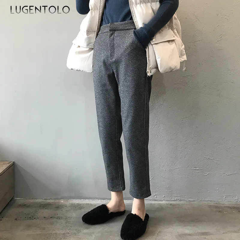 Lugentolo, женские шерстяные брюки, зимние, корейские, с высокой талией, тонкие, повседневные, прямые, с карманами, с узором в елочку, по щиколотку, женские штаны