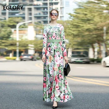 

Floor Length Dress 2020 Spring Fashionable Women O-Neck Charming Flower Print Belt Patchwork Long Sleeve Maxi Dress Clothing