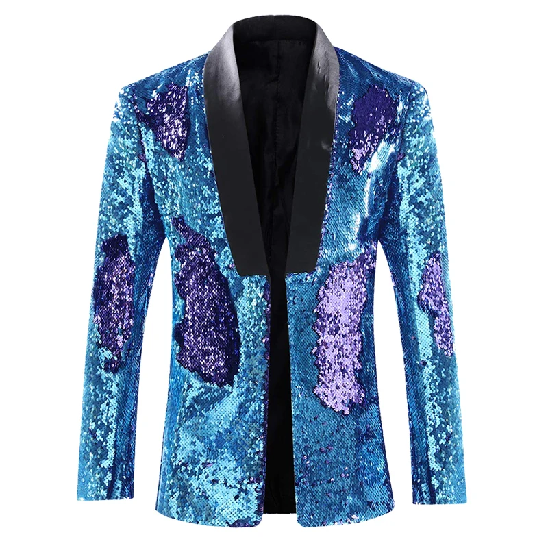 PYJTRL, мужской двухцветный золотой, черный, синий блейзер с блестками, сценические певцы, вечерние костюмы для ночного клуба, мужские блестящие блейзеры с блестками - Цвет: blue purple