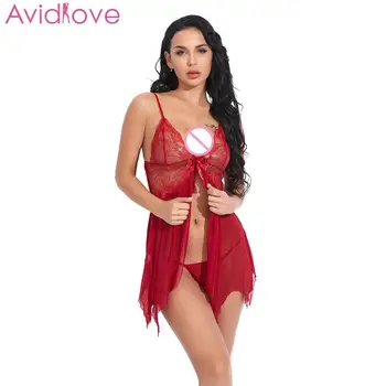 

New Women Sexy Lingerie Set Floral Lace Soft Mesh See Through Mini Babydoll Chemise Porno Sleepwear Bowknot Erotic Nightdress