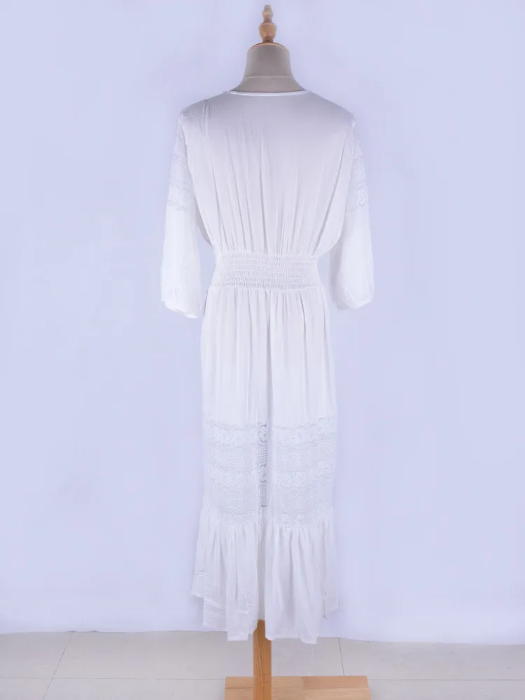 Sexy Bikini Cover-Up Long White Lace Buttons Cardigan Tunic Casual Summer Beach Dress Elegant Women BeachWear Swim Suit Cover Up