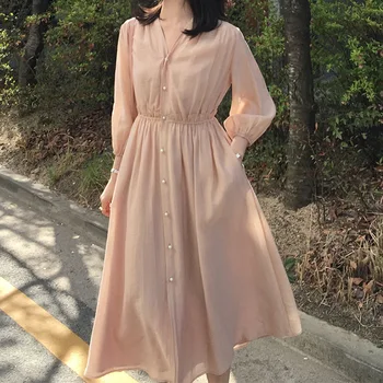 

Single Row Pearl Buckle Temperament Part Sleeve Lace High Waist Dress fashion woman clothes Home