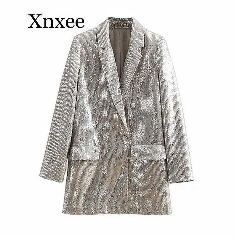 

Women Geometric Pattern Sequined Blazer Shining Pockets Long Sleeve Outerwear Vintage Female Casual Tops