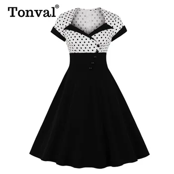 

Tonval White and Black Two Tone Button Front Wrap Polka Dot Dress Elegant Women High Waist A Line Vintage Retro Swing Dresses