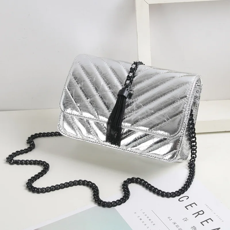 

2019 New Style Rhombus Chain Bag Cowhide Textured Square Sling Bag Korean-style-Style Tassels Shoulder WOMEN'S Leather Bags