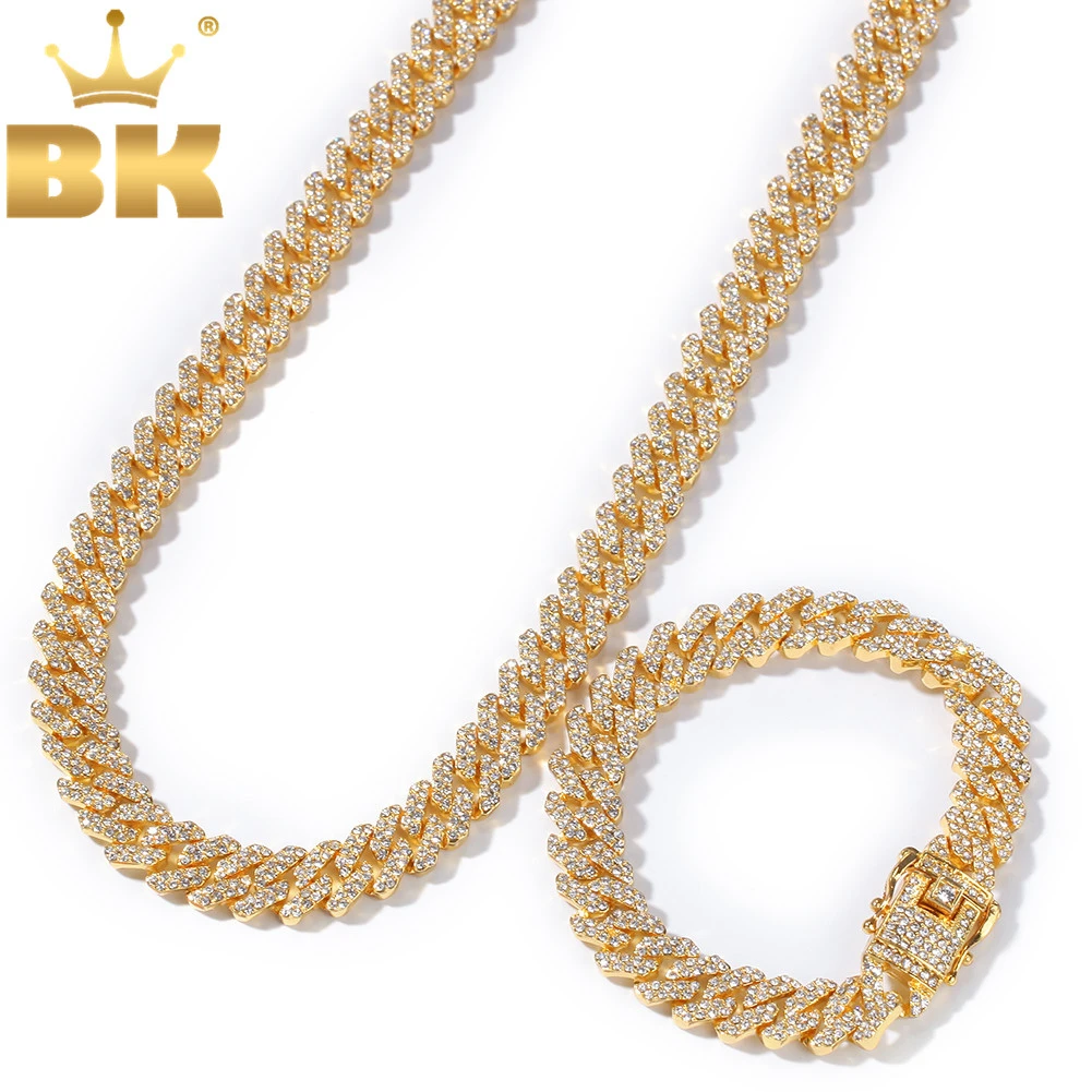 THE BLING KING NE+BA 12mm Mens S-Link Miami Cuban Necklace & Bracelet Full Iced Rhinestones Fashion Hiphop Jewelry Wholesale