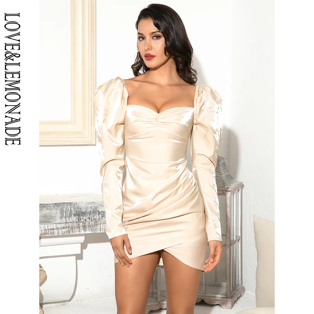 Женское вечернее мини платье LOVE & LEMONADE телесного цвета с квадратным вырезом и