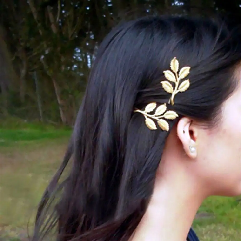 Vintage 2PCS Hair Clip Olive Branch Leaves Snap Barrette Stick Hairpin Styling Accessories for Women Girls Side |