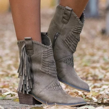 

2020 New Boho Flock Leather Women Boots Fringe Flat Heels Woman Med High Solid Boots Woman Tassel Botas Mujer Botte Femme