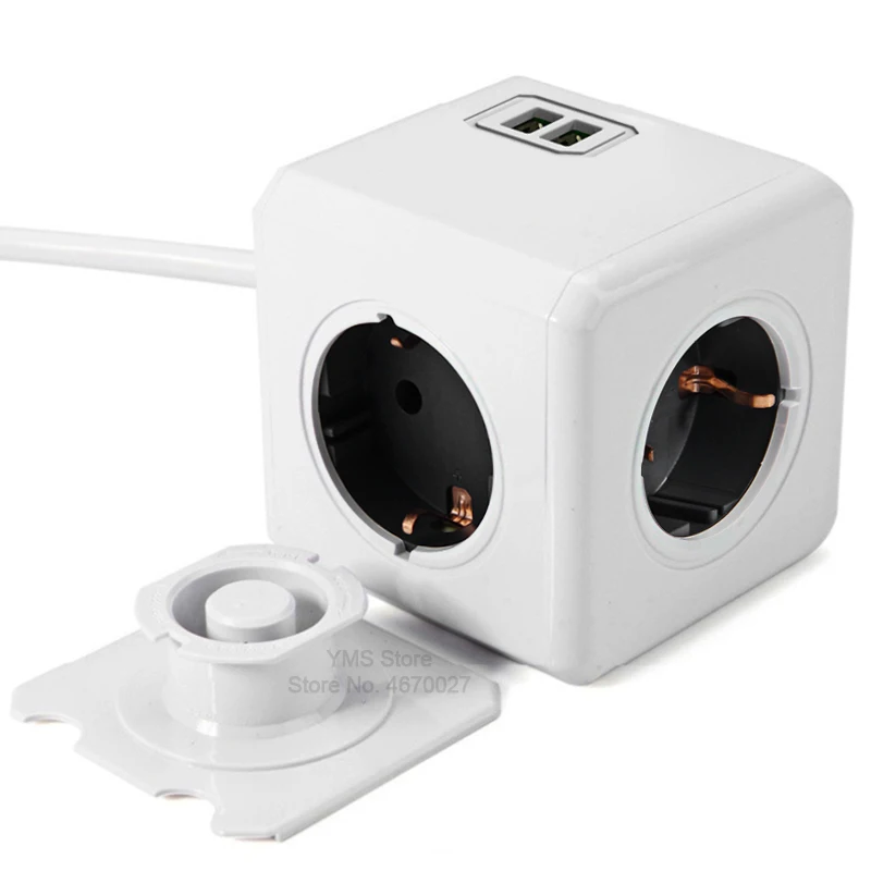 Allocacoc EU Plug Smart Extension Power Strip Electrical Socket Powercube Cable 3m 2 USB 5V 2.1A Charger Adapter 4 Outlets Home