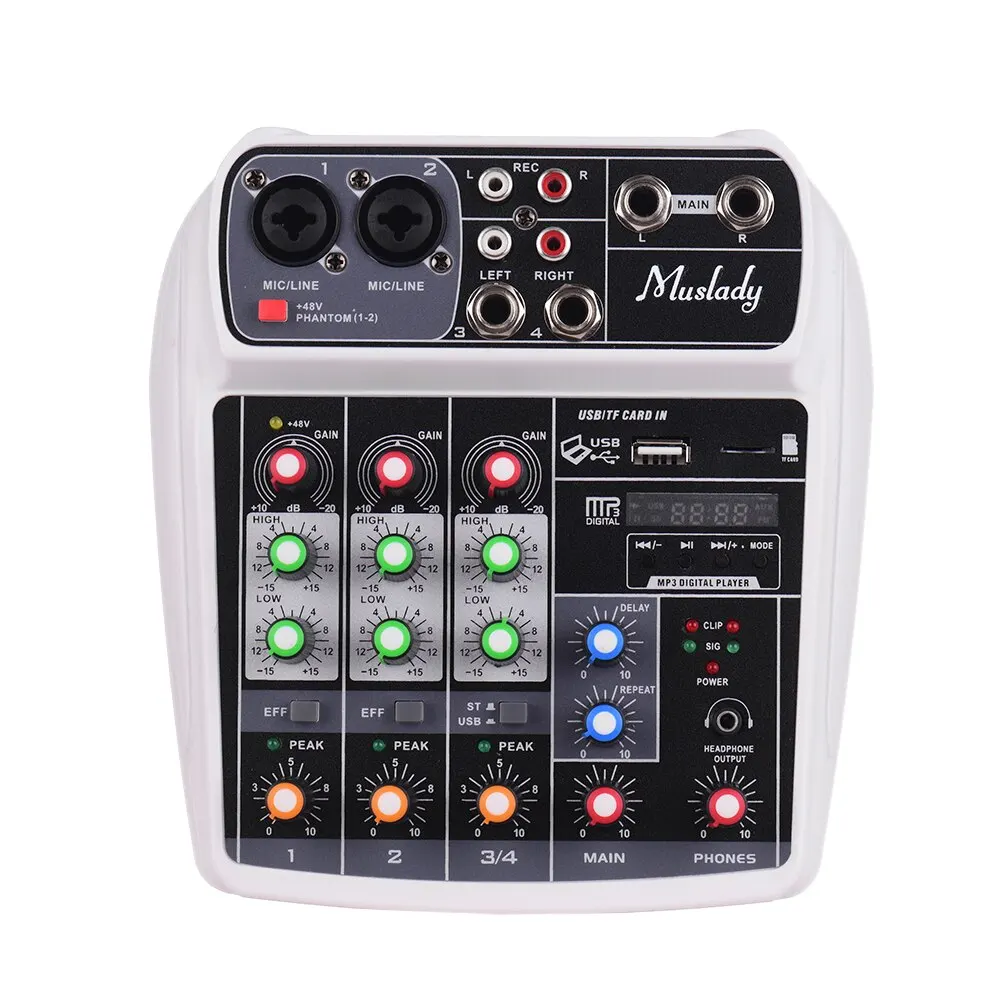 Muslady AI-4 Compact Sound Card Mixing Console Digital Audio Mixer 4-Channel BT MP3 USB Input +48V Phantom Power for Music
